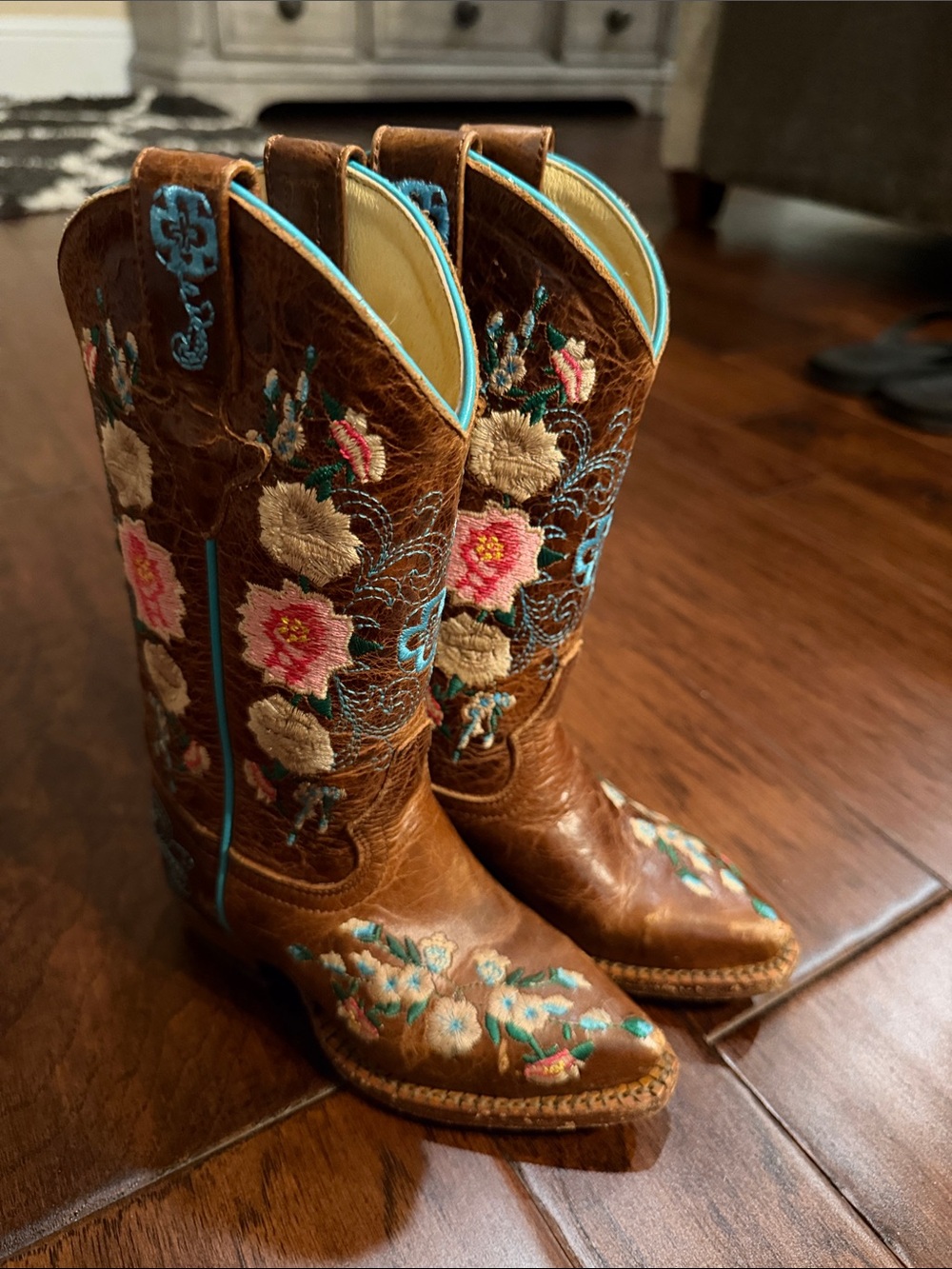 Macie Bean Brown Embroidered Cowboy Boots with Pink & Turquoise Accents